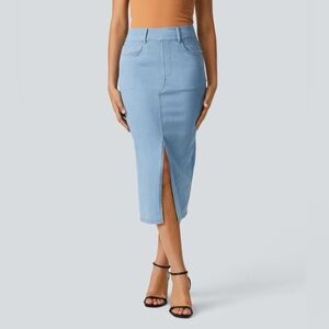 Halara Flex™ High Waisted Pockets Bodycon Denim Casual Midi Skirt NWT